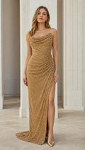 Front view of model wearing gold glitter cowl neck evening dress with high slit