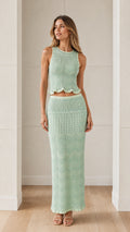 Front view of mint chevron knit crop top and maxi skirt set