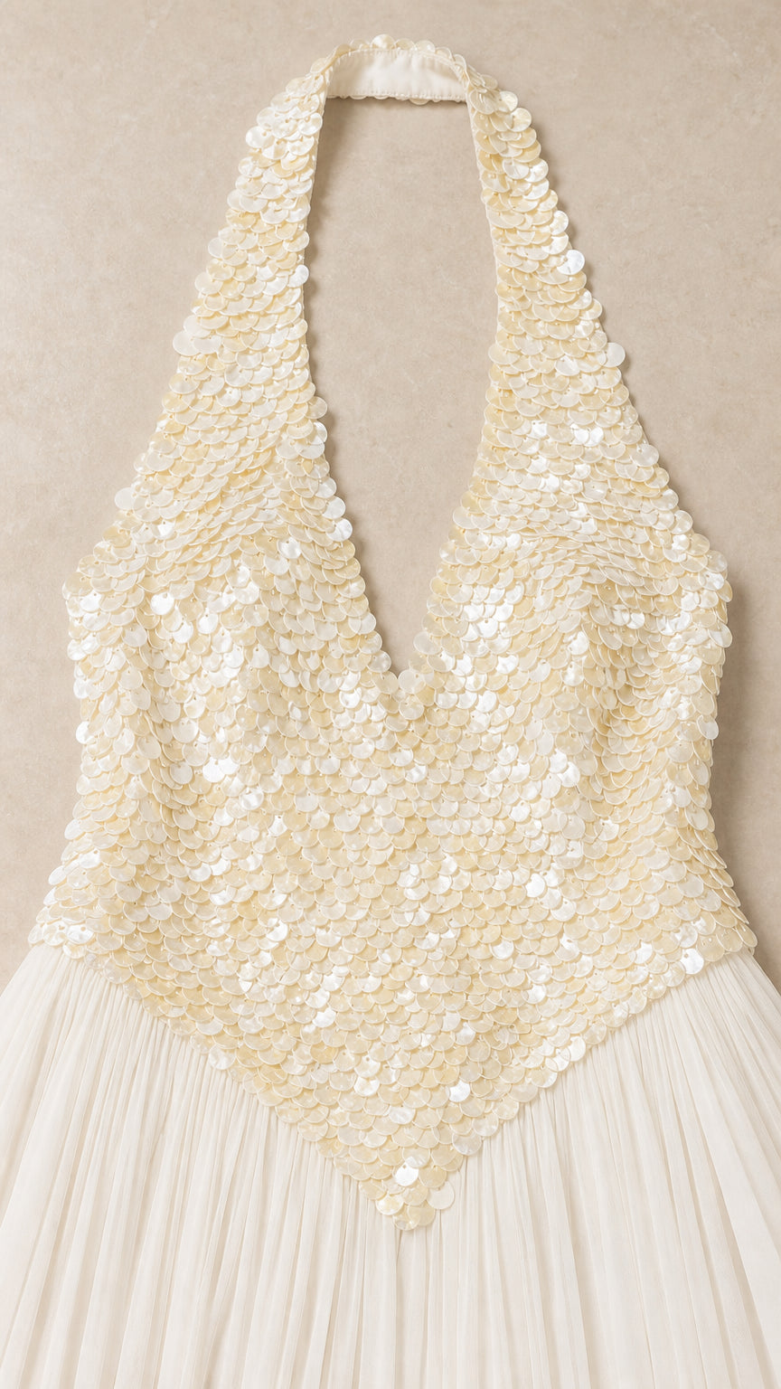 Close-up detail of sequin halter bodice