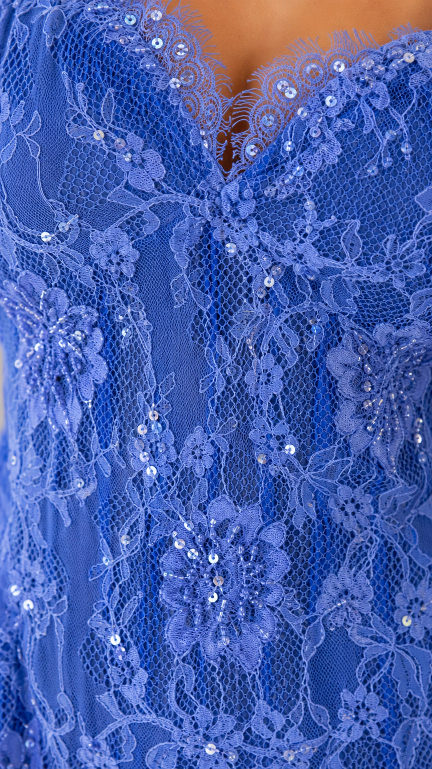 Close up of sequined lace pattern and sweetheart neckline
