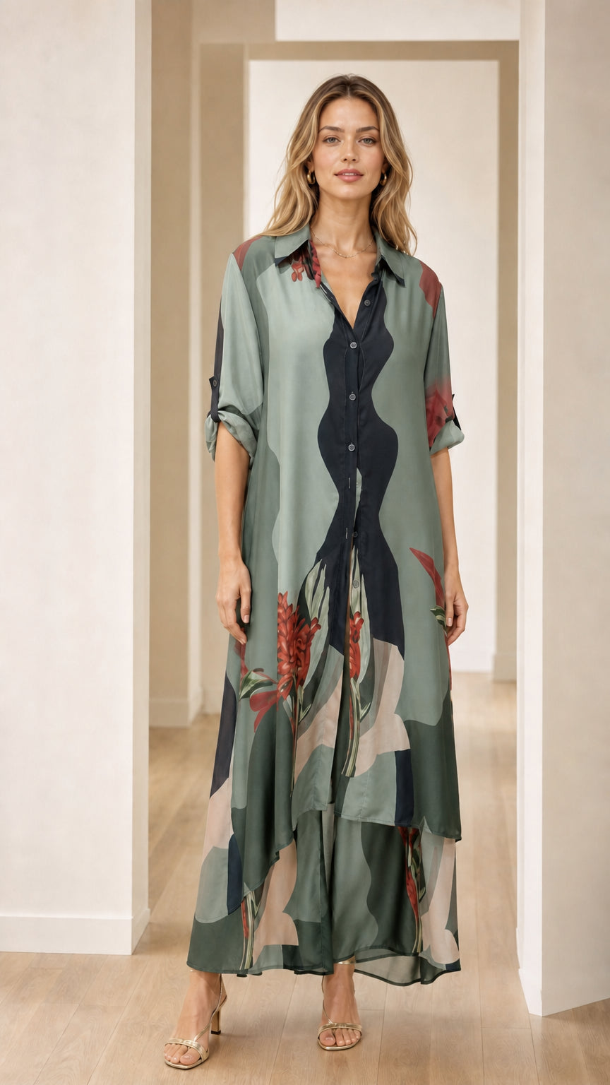 Model wearing sage green color variant of maxi shirt dress