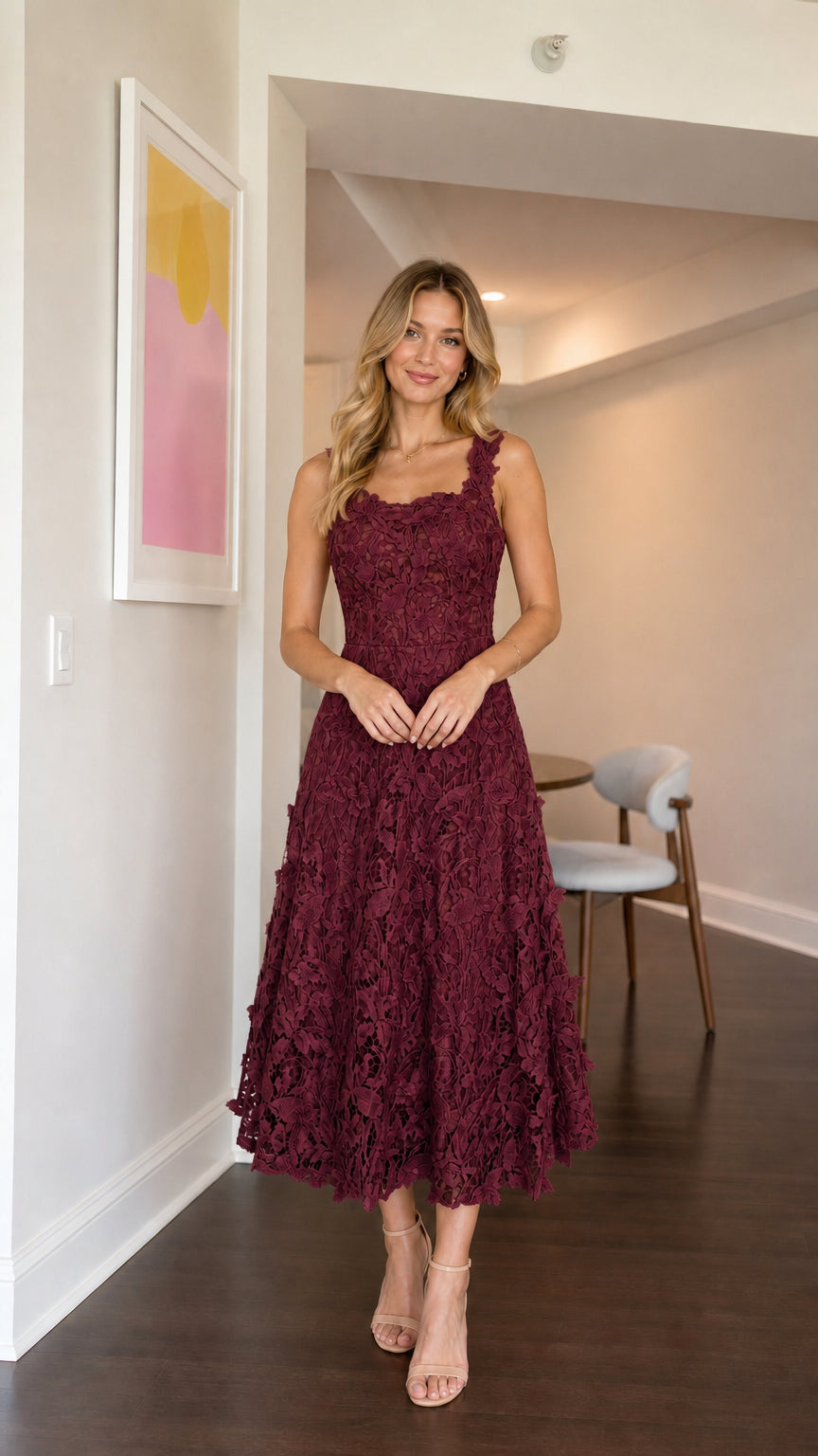 Model wearing burgundy floral lace midi dress