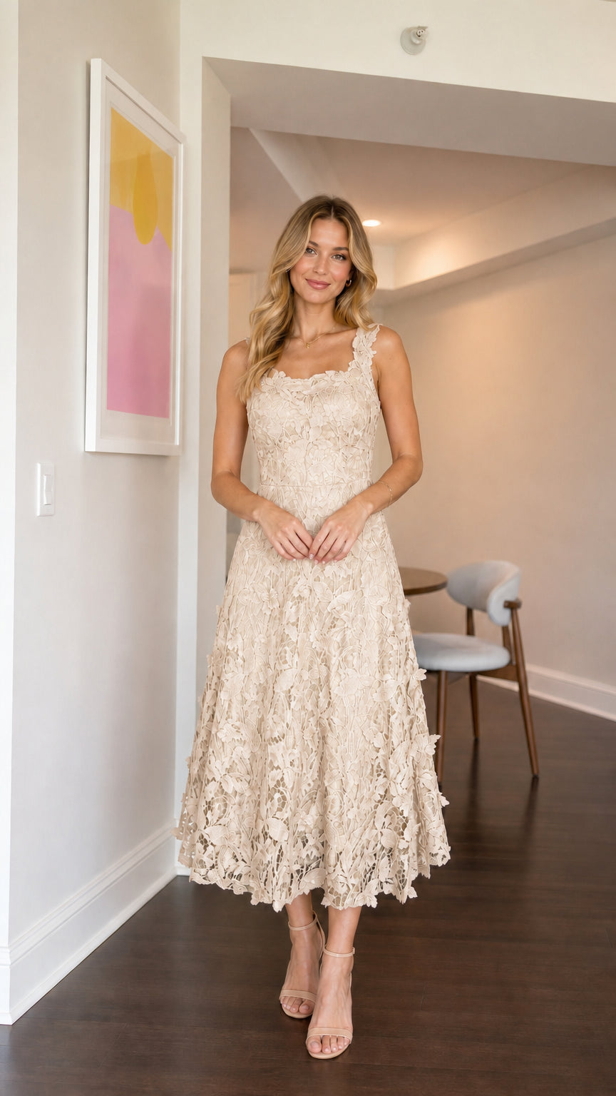 Model wearing champagne floral lace midi dress