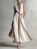 Sleeveless Contrast-Trim Linen-Blend Maxi Dress
