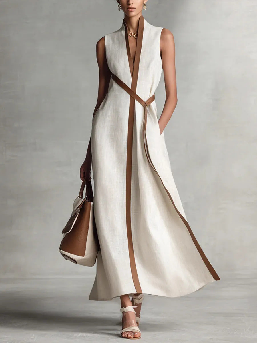 Sleeveless Contrast-Trim Linen-Blend Maxi Dress