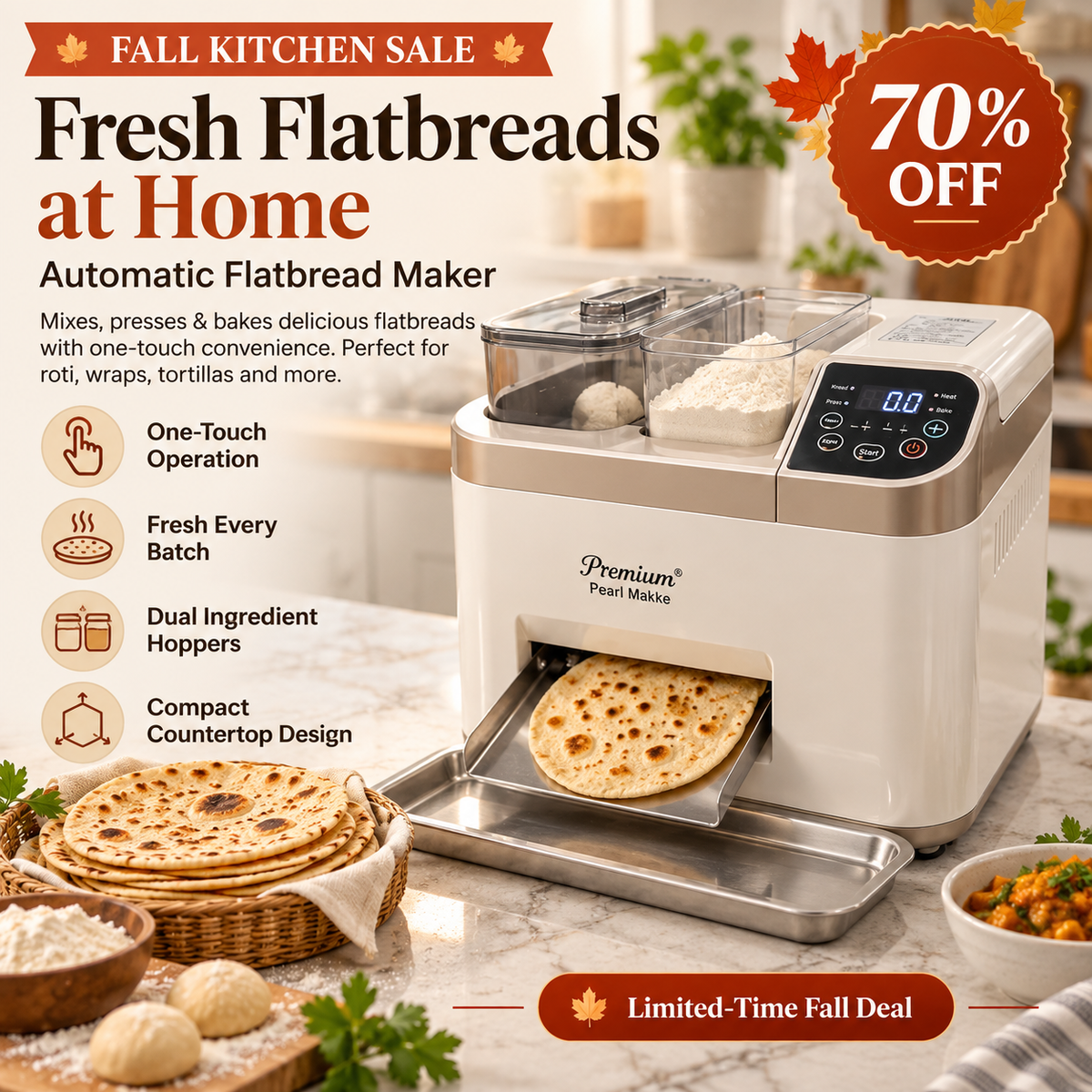 🥞 FreshPress™ Automatic Flatbread Maker | One-Touch Roti, Tortilla & Chapati Machine