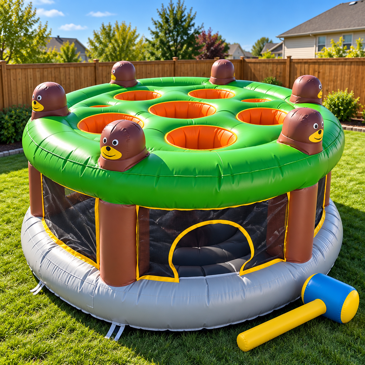 🔨 Inflatable Pop-Up Mole Arena 🎃 6-Player Backyard Whack Game with Soft Hammer for Kids & Family Parties