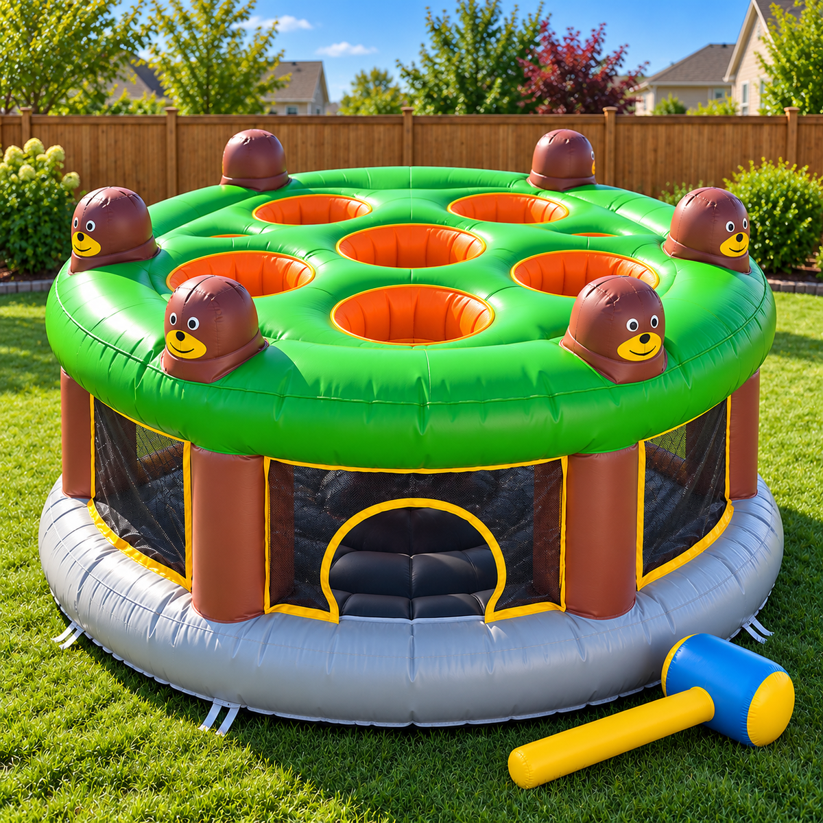 🔨 Inflatable Pop-Up Mole Arena 🎃 6-Player Backyard Whack Game with Soft Hammer for Kids & Family Parties