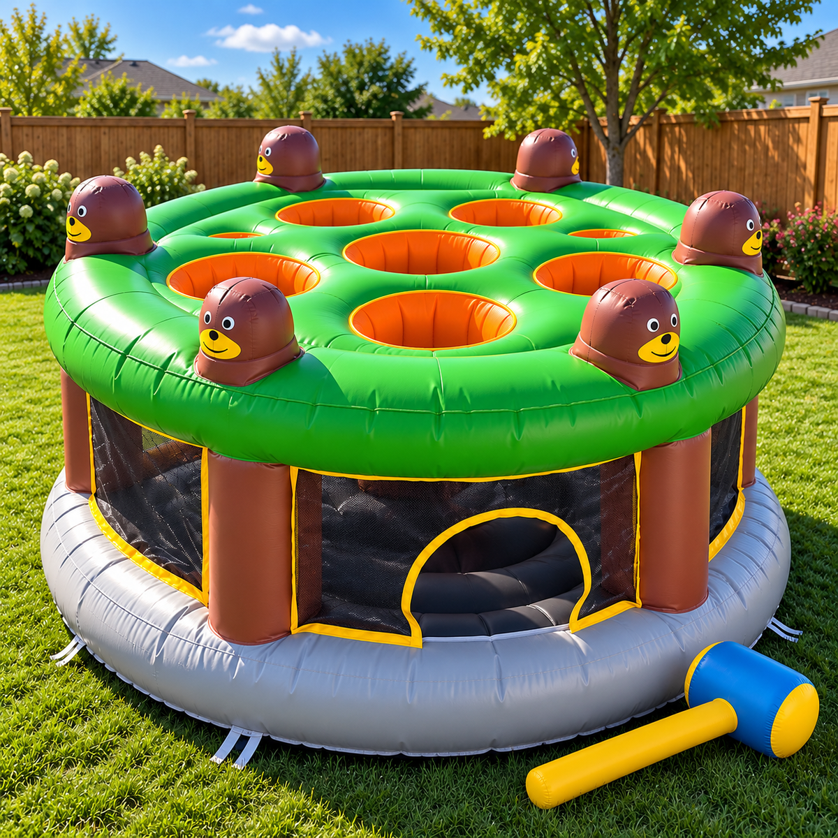 🔨 Inflatable Pop-Up Mole Arena 🎃 6-Player Backyard Whack Game with Soft Hammer for Kids & Family Parties