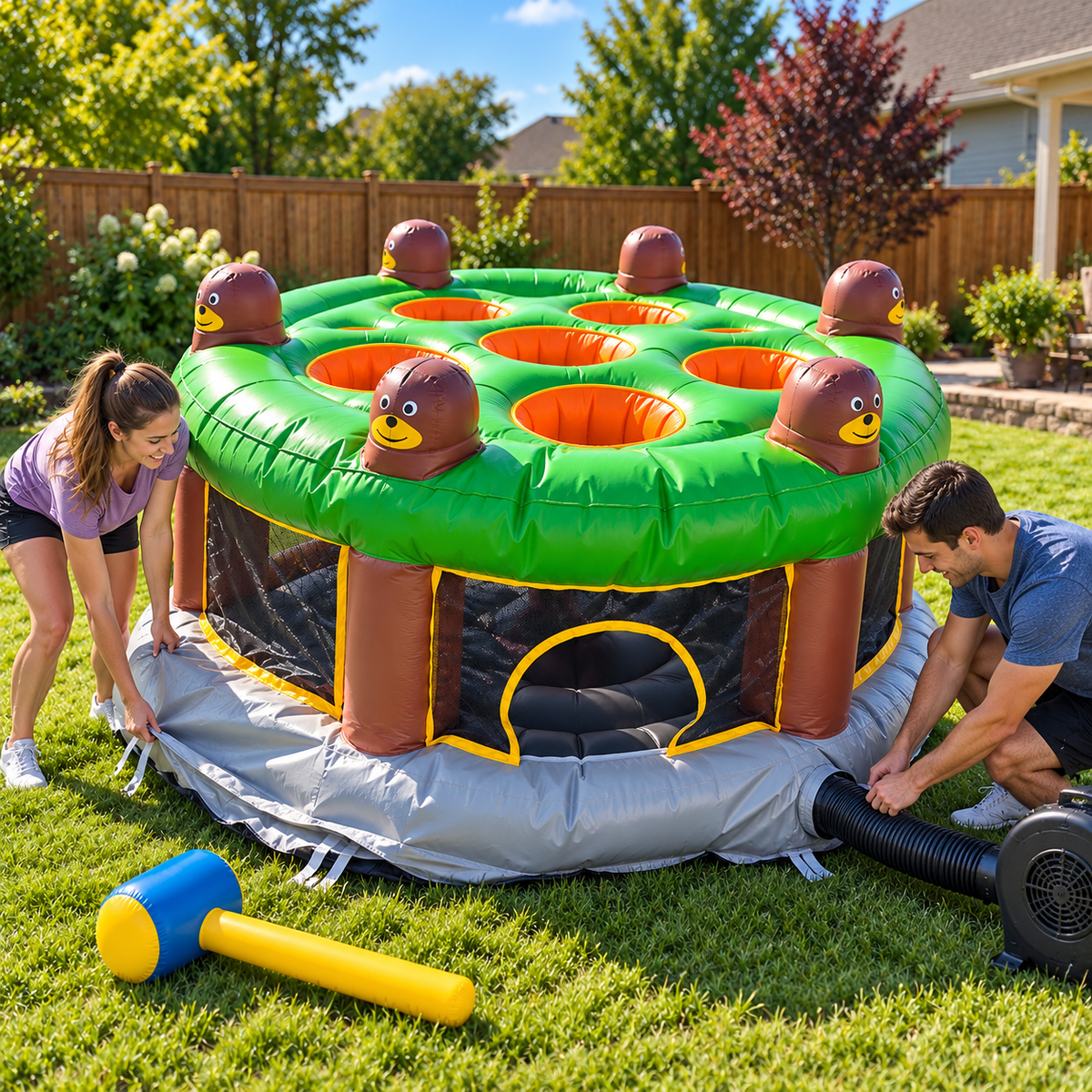 🔨 Inflatable Pop-Up Mole Arena 🎃 6-Player Backyard Whack Game with Soft Hammer for Kids & Family Parties