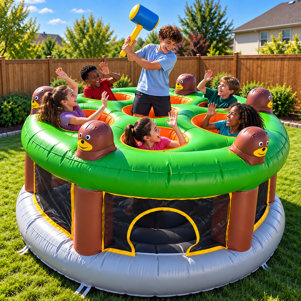 🔨 Inflatable Pop-Up Mole Arena 🎃 6-Player Backyard Whack Game with Soft Hammer for Kids & Family Parties