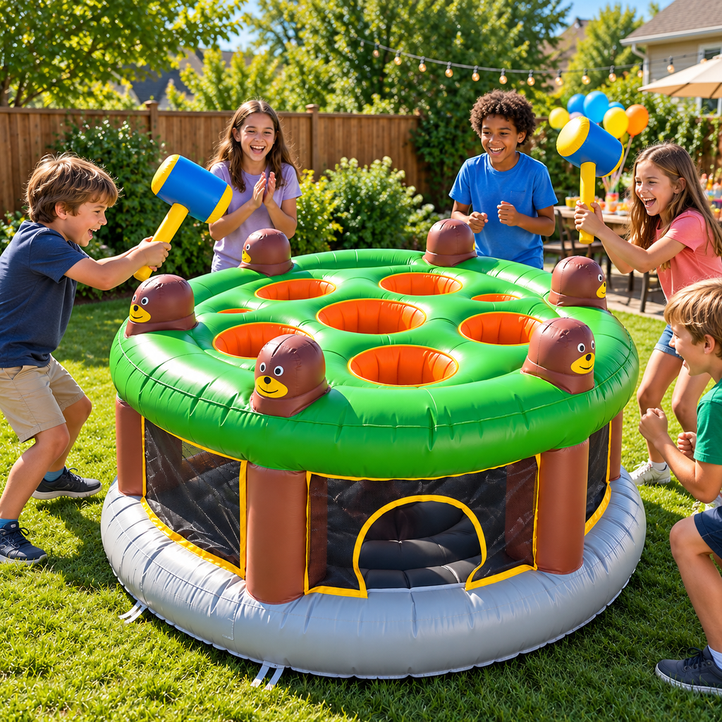 🔨 Inflatable Pop-Up Mole Arena 🎃 6-Player Backyard Whack Game with Soft Hammer for Kids & Family Parties