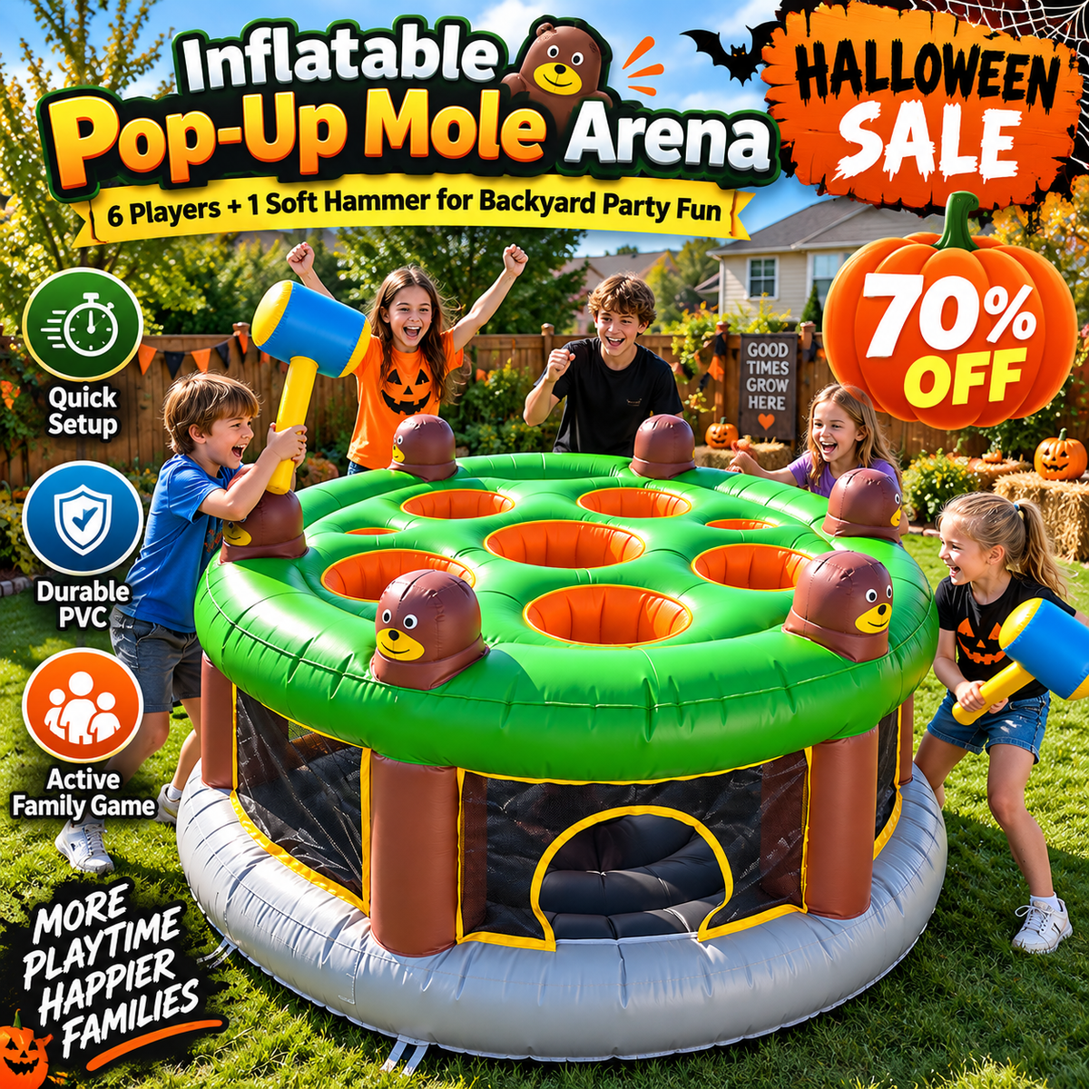 🔨 Inflatable Pop-Up Mole Arena 🎃 6-Player Backyard Whack Game with Soft Hammer for Kids & Family Parties