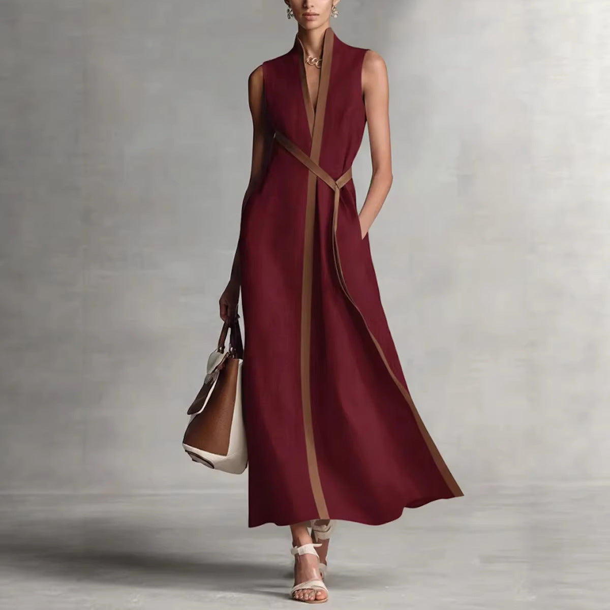 Sleeveless Contrast-Trim Linen-Blend Maxi Dress