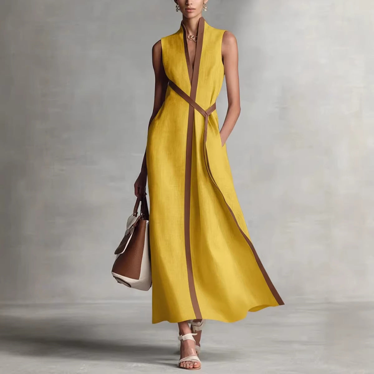 Sleeveless Contrast-Trim Linen-Blend Maxi Dress