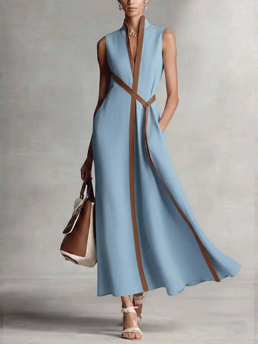 Sleeveless Contrast-Trim Linen-Blend Maxi Dress